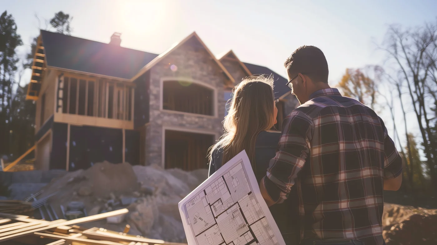 Two people looking toward their home that's under construction