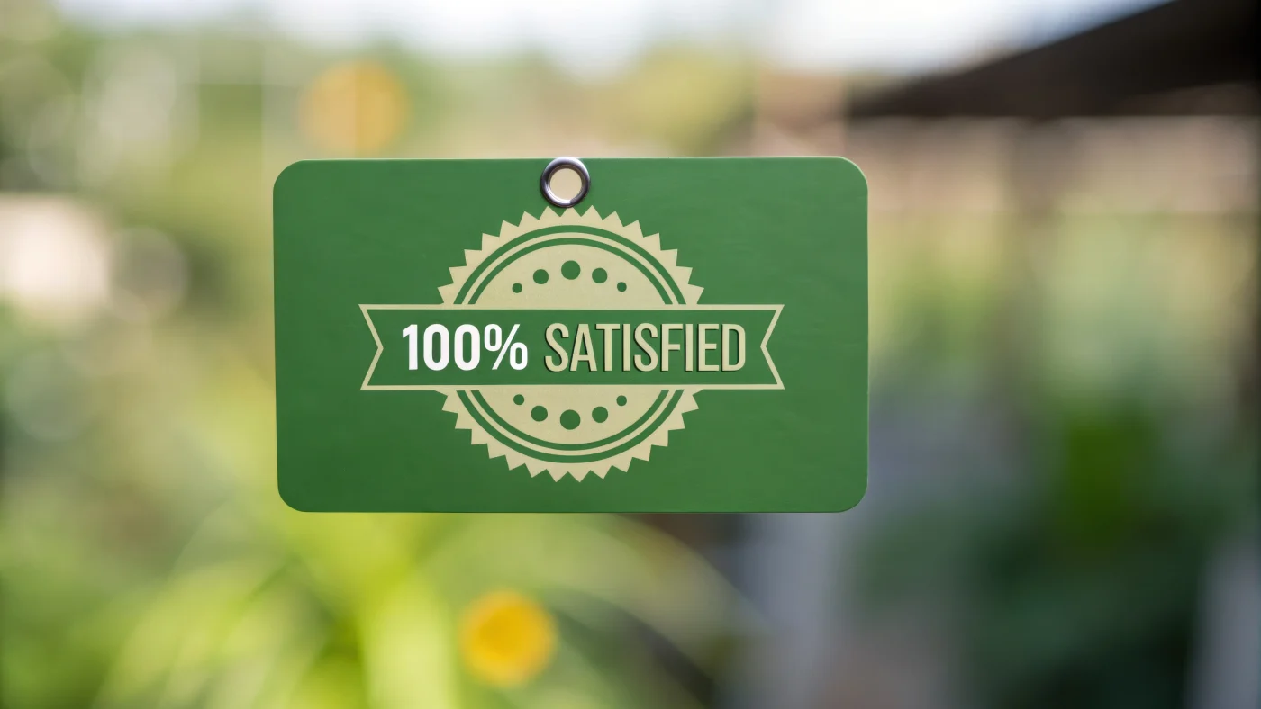 A blurred background of bushes and trees and horizon, with a dark green card in the center of the image that has a light green “100% Satisfied” circular badge or emblem.