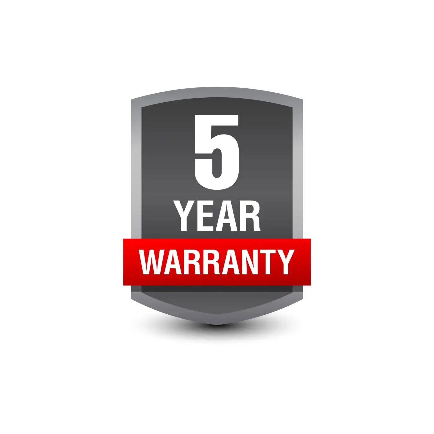A white background with a badge in the middle and white lettering that says “5 Year Warranty” with the word warranty in a red strip.