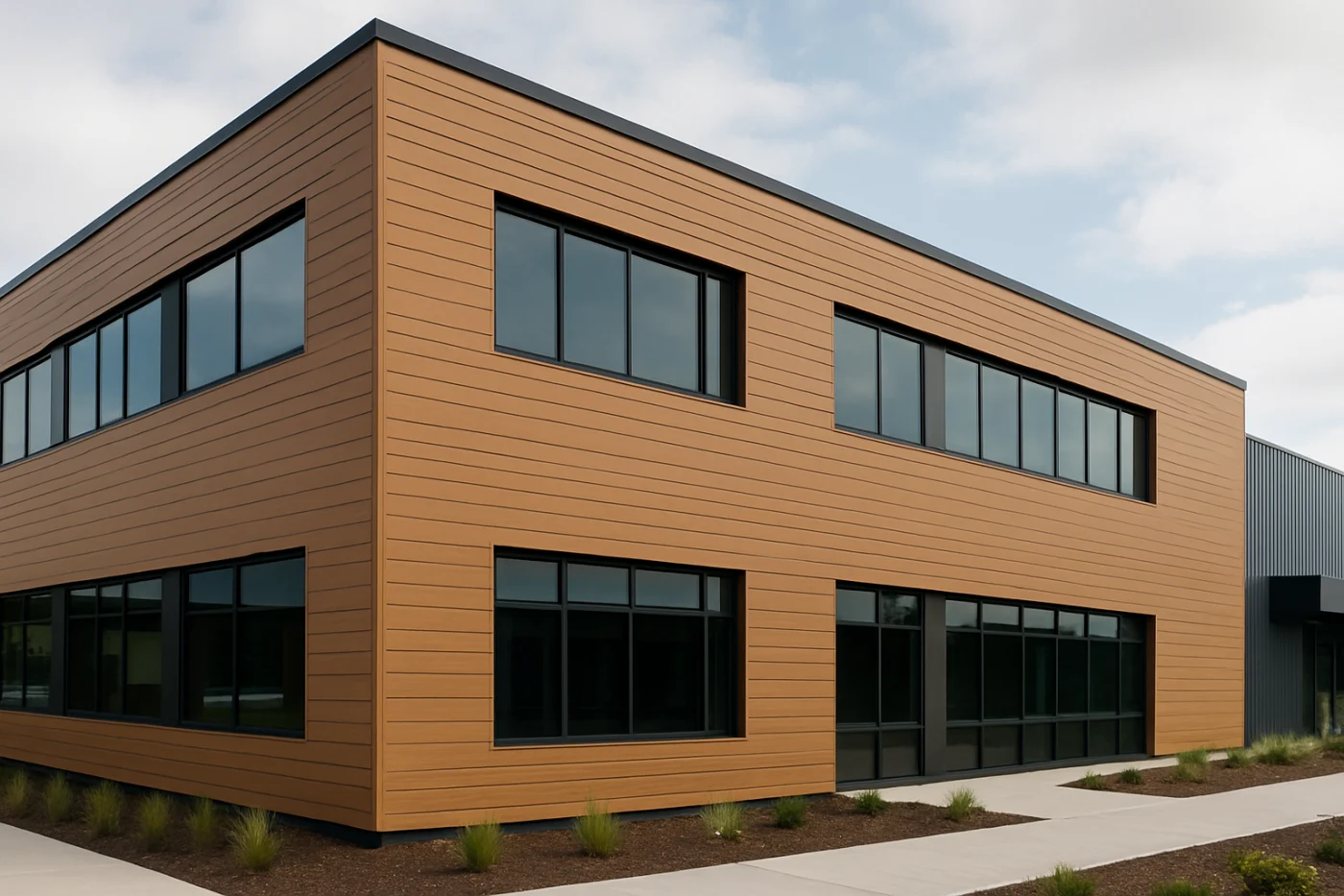 Commercial Siding Installation Siding Types For Chicagoland – Longboard Architectural A concept image of a modern design studio or office featuring Longboard aluminum siding with a woodgrain finish. The image highlights the architectural elegance and high-end appearance of this durable, low-maintenance metal system.