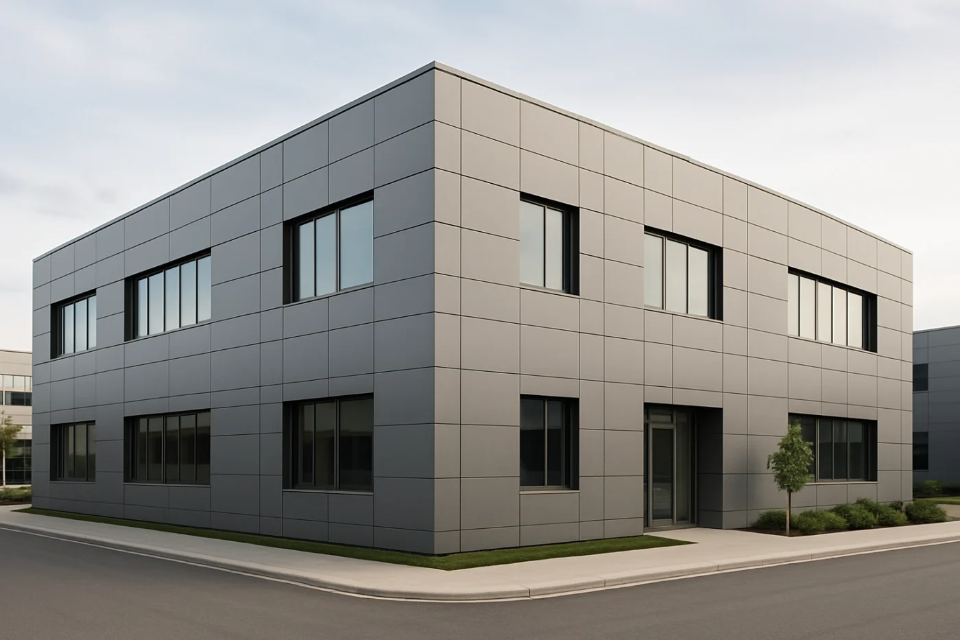 Commercial Siding Installation Siding Types For Chicagoland – Metal Composite In this concept image, a contemporary commercial building is finished with metal composite siding panels. The design emphasizes sharp lines, dimensional depth, and a bold modern aesthetic made possible by advanced composite metal cladding.