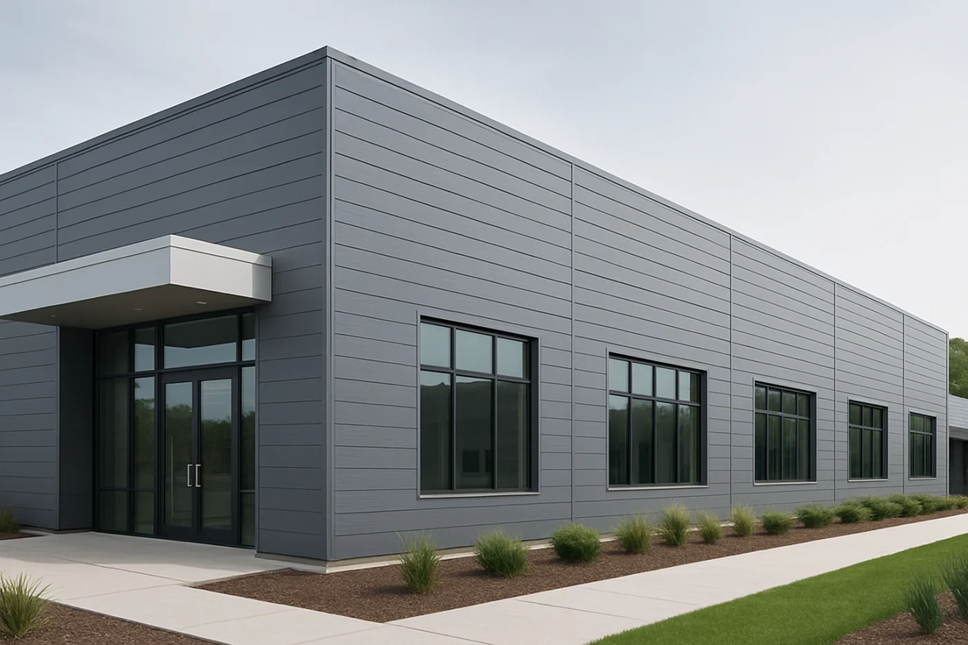 Modern commercial building with gray James Hardie siding and black frame windows in Glenview, IL.