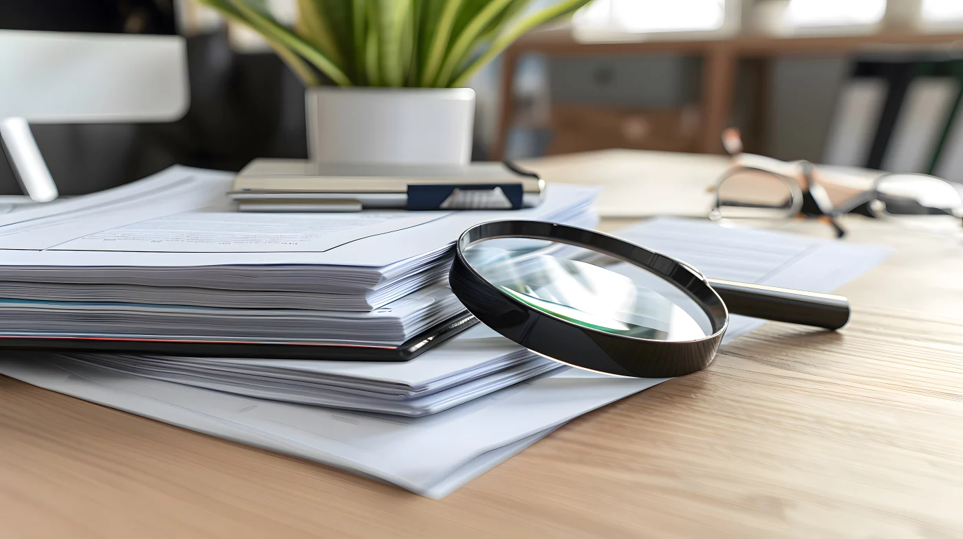 A magnifying glass rests atop a stack of insurance documents on a wooden desk, with a clipboard, reading glasses, and computer monitor nearby. The image conveys careful review, accuracy, and paperwork associated with insurance claims for exterior damage in the Chicagoland area.