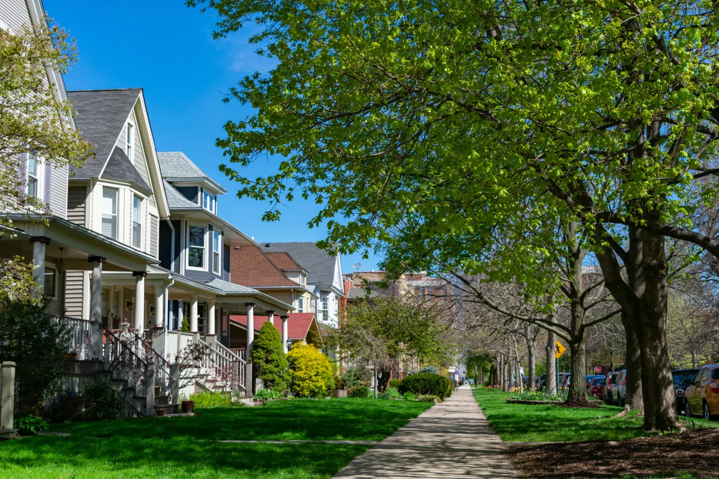 A street in a lovely Chicago suburb on a sunny Fall day with homes lined up on the left side with different siding and roofing colors, nice green grass in front and a sidewalk going into the distance with trees lined up on the right side and cars parked in the road.