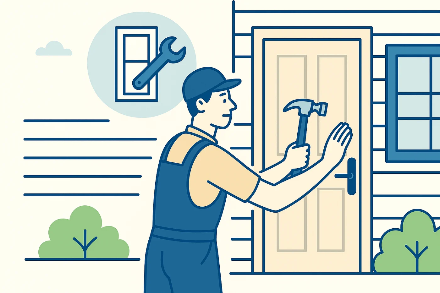An HOA technician in beige and navy attire adjusts the front entry door of a suburban home, holding a hammer. The beige house features a four-panel door and blue-trimmed windows, illustrating door repair services across the Chicagoland area.
