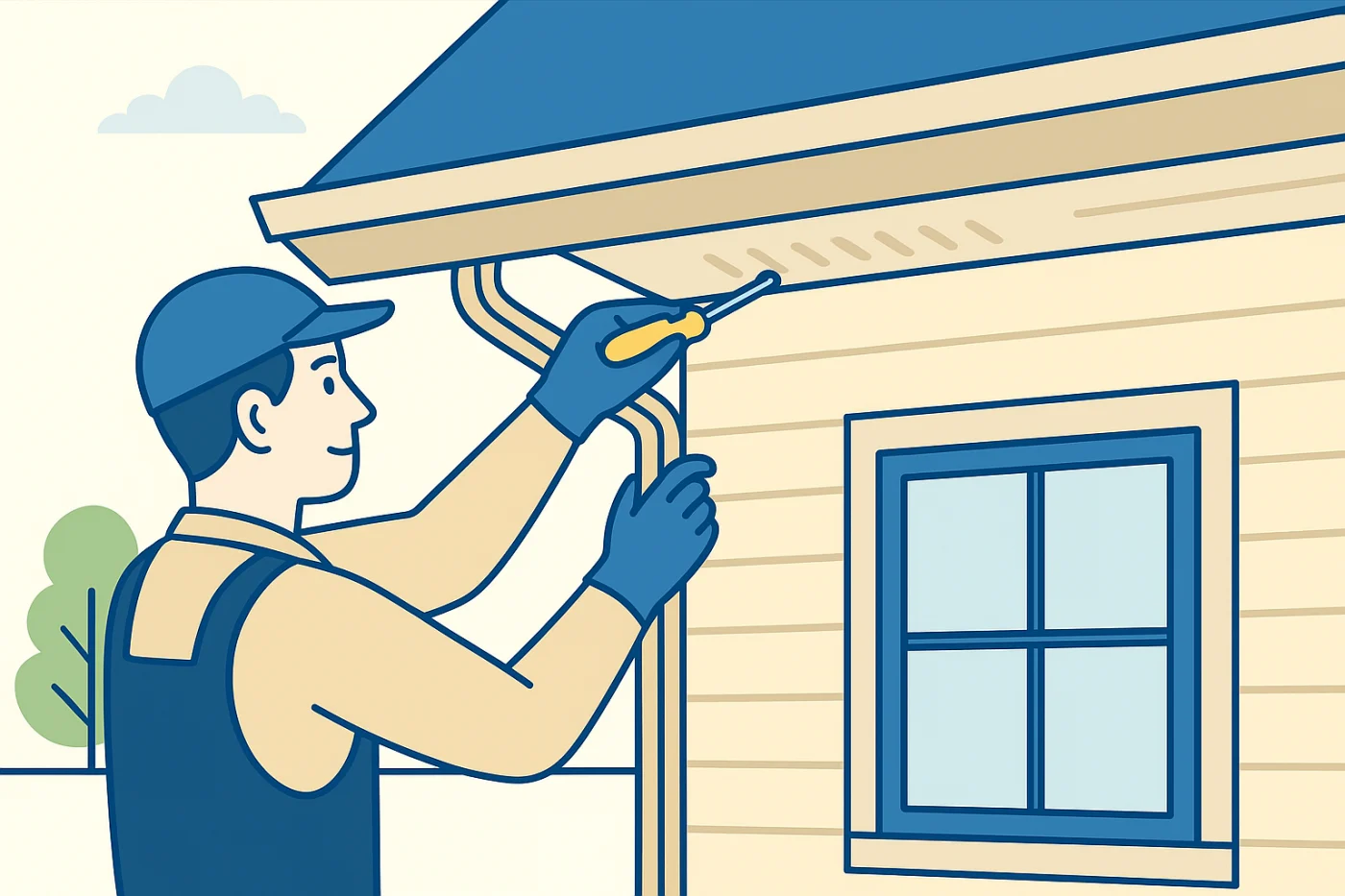 Illustration of a worker using a screwdriver to secure gutters on a beige suburban home. He stands beneath the roofline near blue-trimmed windows, representing gutter repair services for HOA communities throughout the Chicagoland area.