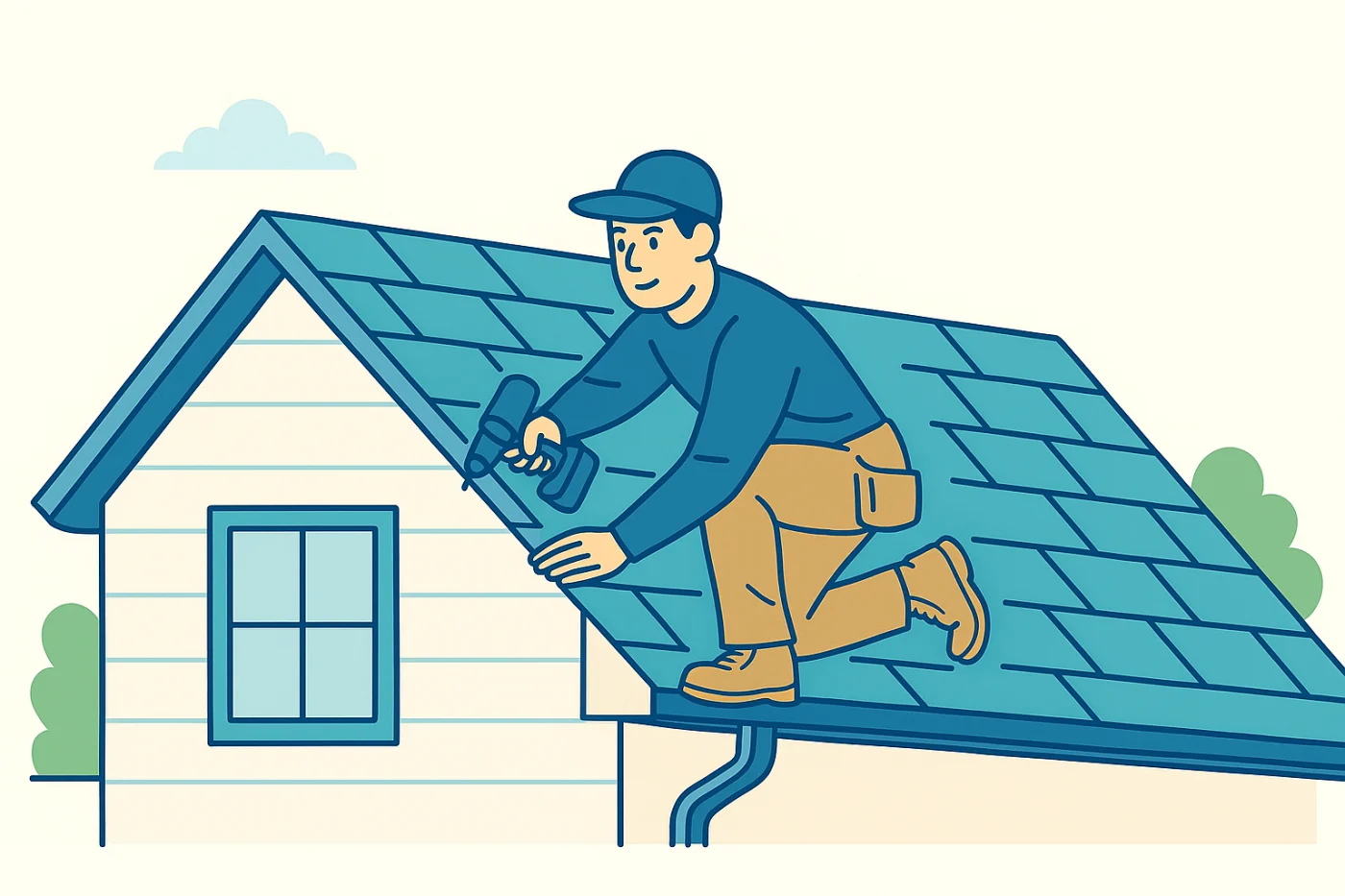 Flat-style illustration of a roofing contractor kneeling on a two-story suburban home, securing teal roof shingles with a power drill. The house features beige siding and blue-framed windows, representing HOA roofing repairs in the Chicagoland area.