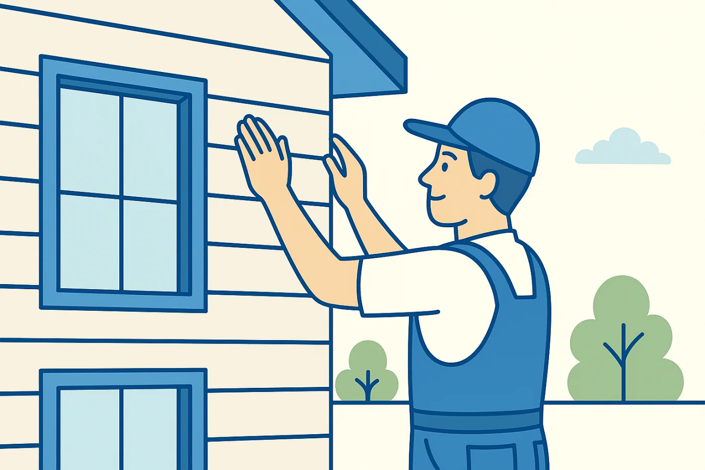 Line art illustration of a worker in blue overalls installing horizontal siding on a beige HOA home. The scene shows windows, simple landscaping, and clean lines, depicting siding repairs for HOA communities across the Chicagoland area.