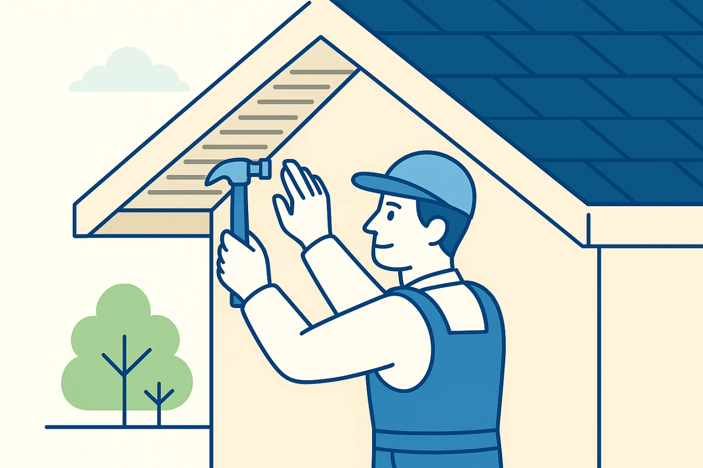 Illustration of a worker repairing soffit and fascia panels under the roofline of a beige suburban home. He holds a hammer while aligning the soffit, highlighting HOA soffit and fascia repairs in the Chicagoland area.