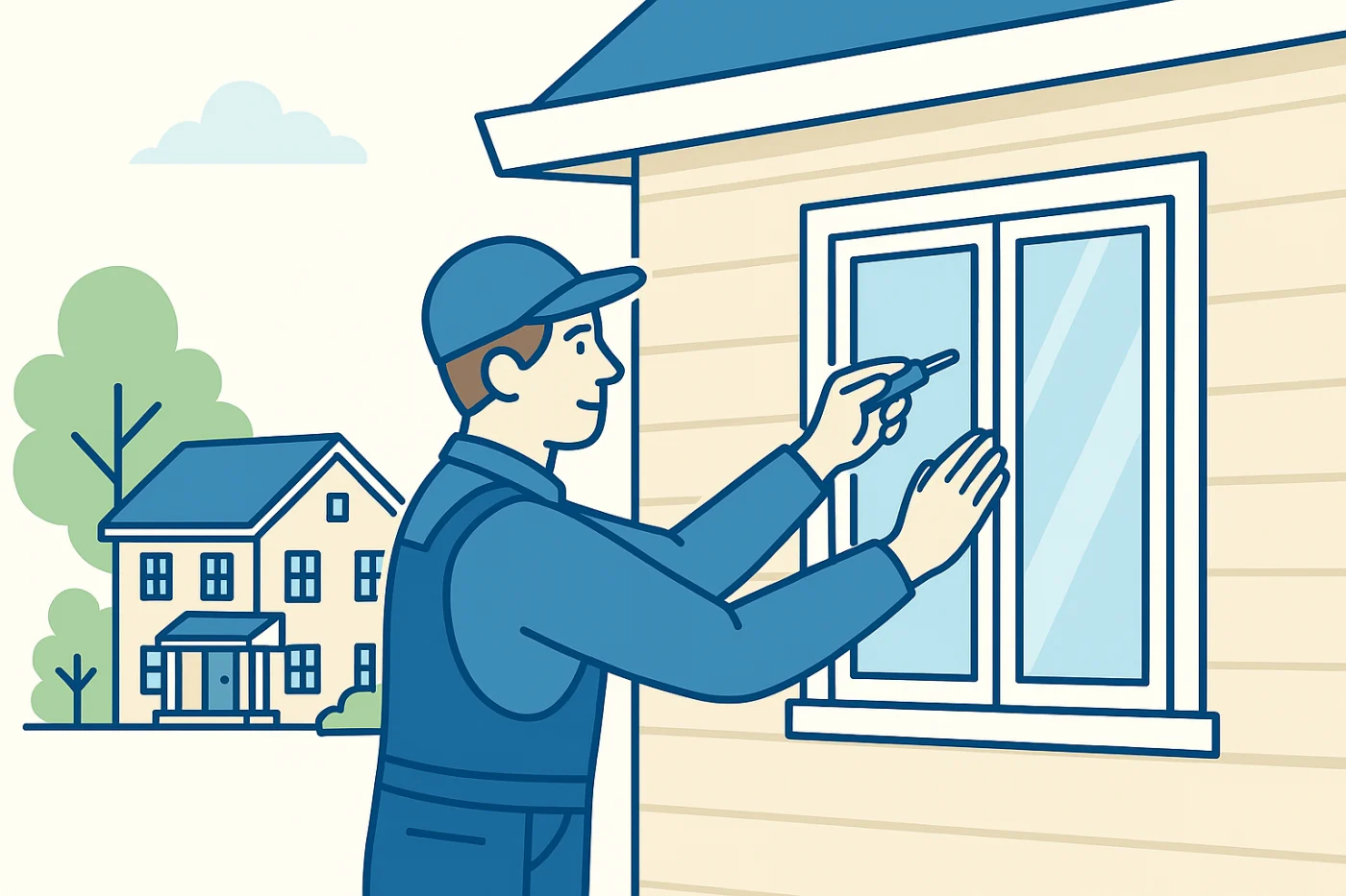 A maintenance worker in blue overalls repairs an exterior window with a screwdriver on a beige HOA house. Another home and trees are shown in the background, representing window repair services for HOA properties in the Chicagoland area.