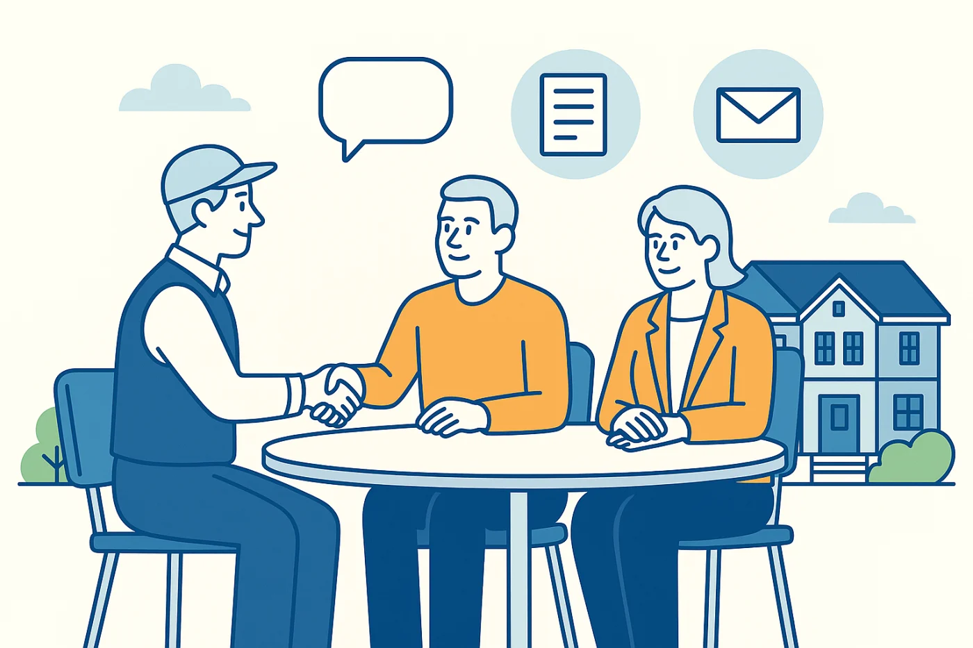 Illustration showing an Apex Exteriors representative coordinating directly with HOA board members at an outdoor table, symbolizing clear communication and collaboration to secure HOA approvals for exterior replacement work.