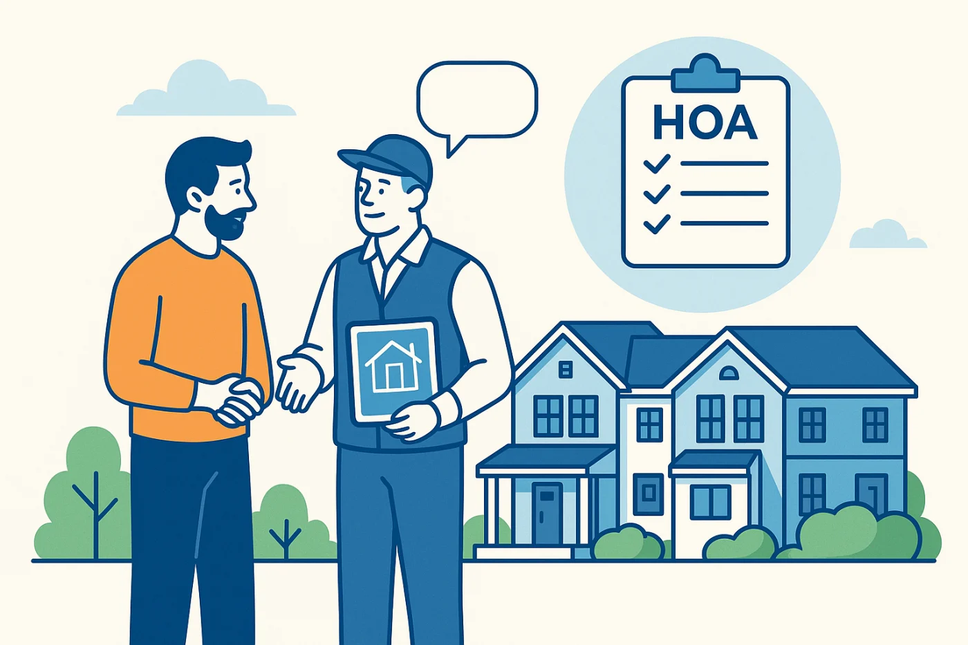 Flat-style illustration of an Apex Exteriors consultant meeting with a property owner in front of a multi-unit HOA building, reviewing an HOA checklist during the initial consultation phase of an exterior replacement project.