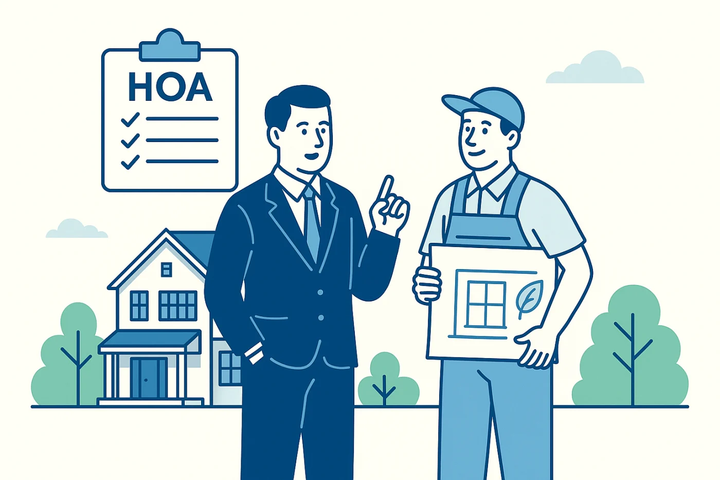 Illustration of a project manager coordinating with an Apex Exteriors crew leader, standing beside an HOA-compliant building, with paperwork and approval icons highlighting the compliance management process for HOA exterior replacements.