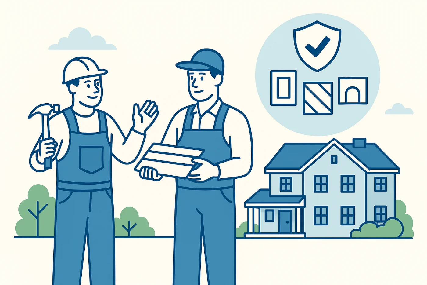 Illustration of two skilled Apex Exteriors craftsmen reviewing exterior replacement materials and preparing for installation on a multi-unit HOA property, with icons representing premium materials and expert workmanship.