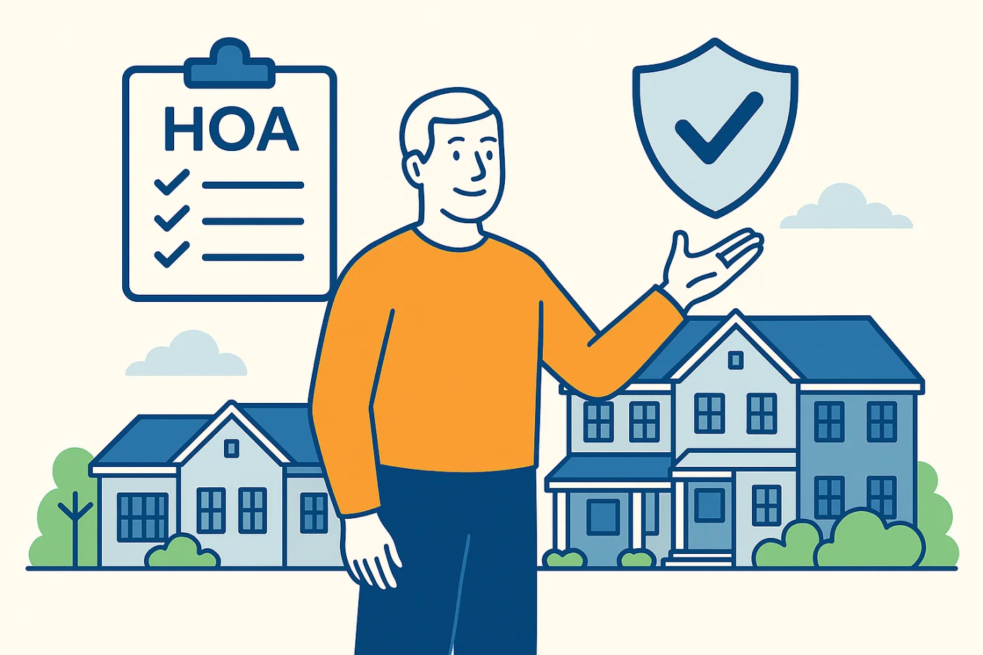 Illustration of a smiling homeowner standing confidently in front of a completed HOA property, with an HOA checklist and shield icon symbolizing full compliance and protection from HOA fines or penalties.