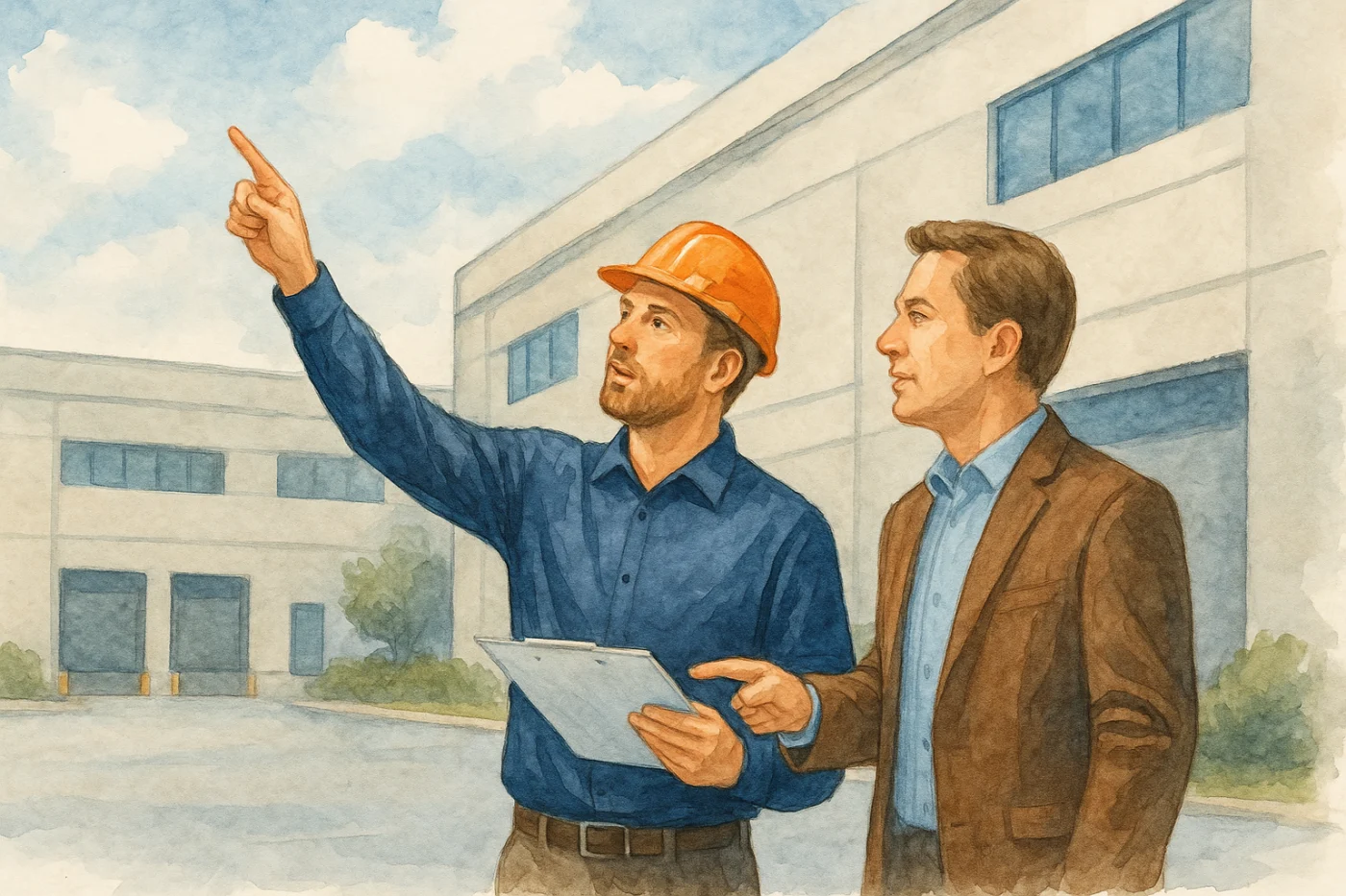 A digital animation of a roofing professional with a commercial customer holding a clipboard with paperwork and pointing at a roof of a nearby commercial building.