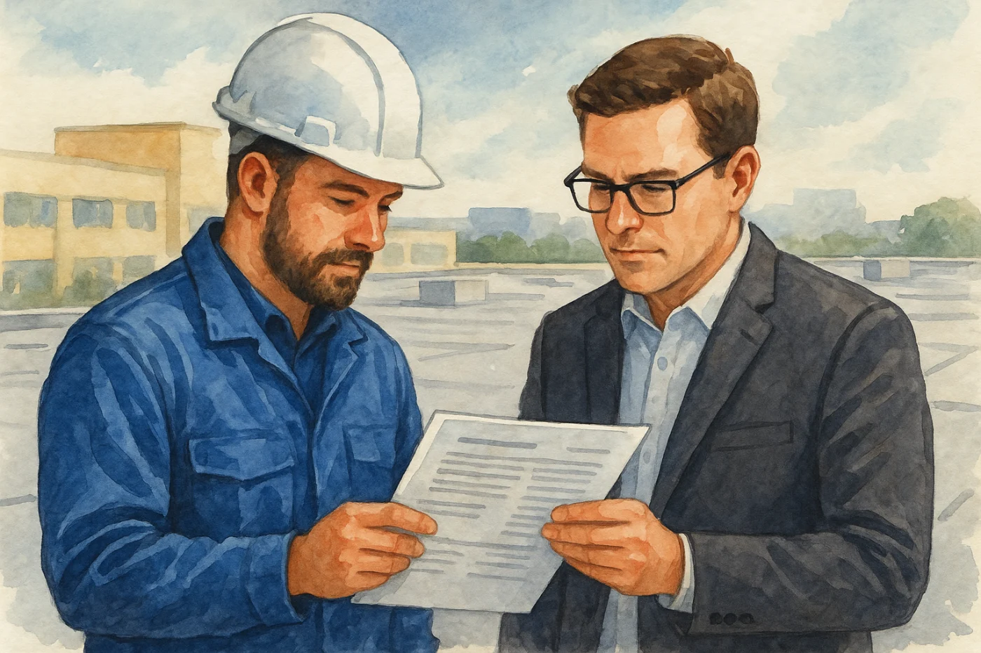 A colorful digital animation of a commercial roofing specialist and a commercial property owner looking at assessment reports together on top of a commercial roof.