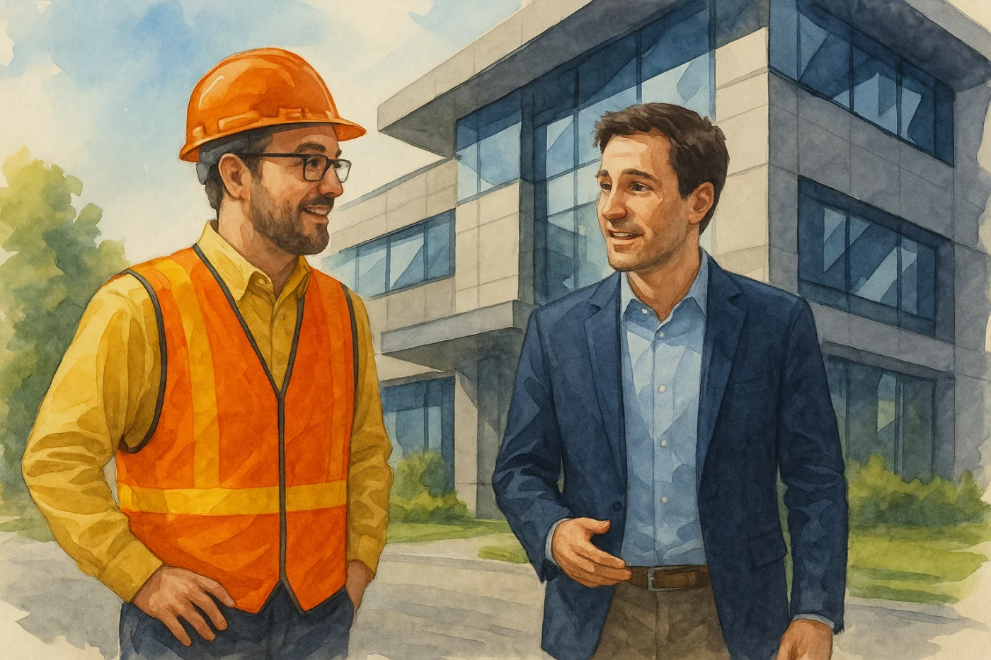 A colorful digital animation of a commercial building inspection specialist and a commercial property owner walking outside a commercial building conducting an on-site walkthrough.