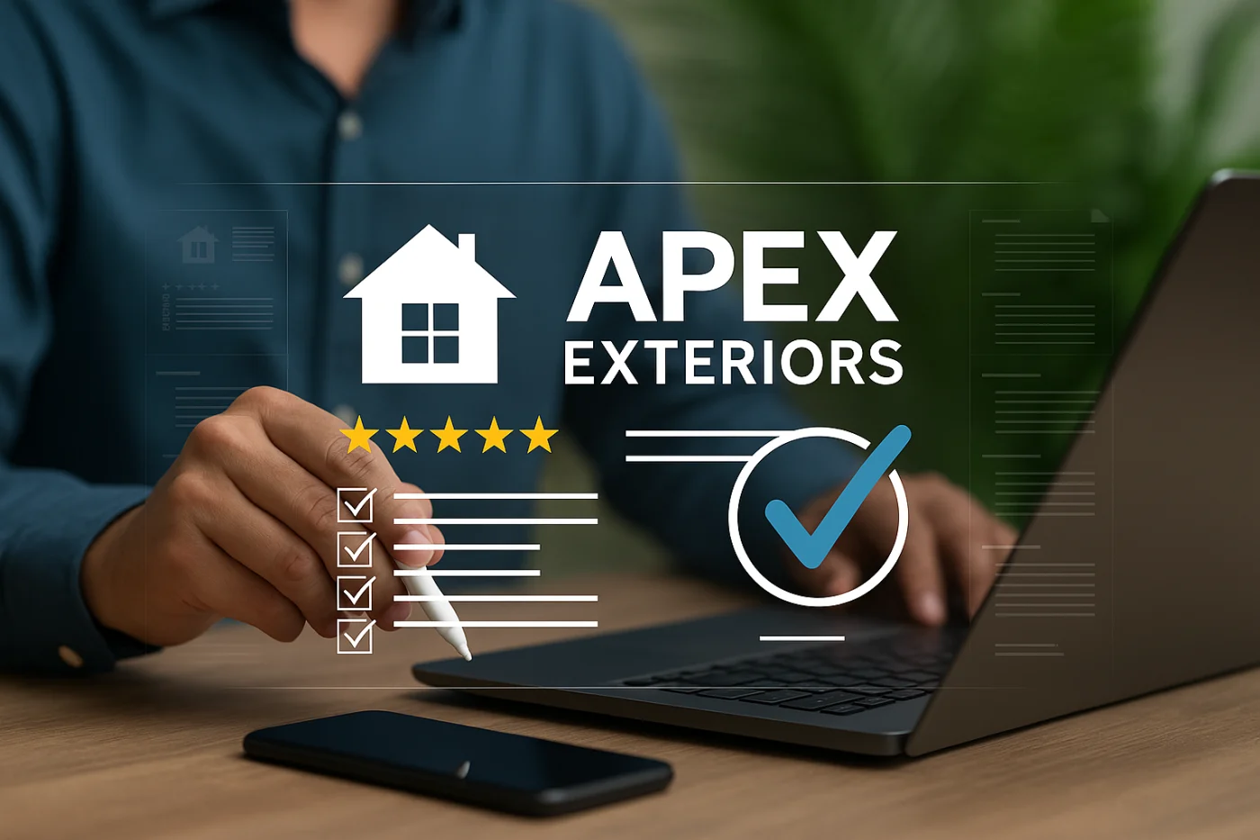 A person wearing a teal shirt uses a white stylus to interact with a tablet displaying a digital review overlay. The transparent interface shows five gold stars, checkmarks, a house icon, a large blue checkmark, and the text "Apex Exteriors," all set against a blurred background with a laptop and smartphone on a wooden desk.