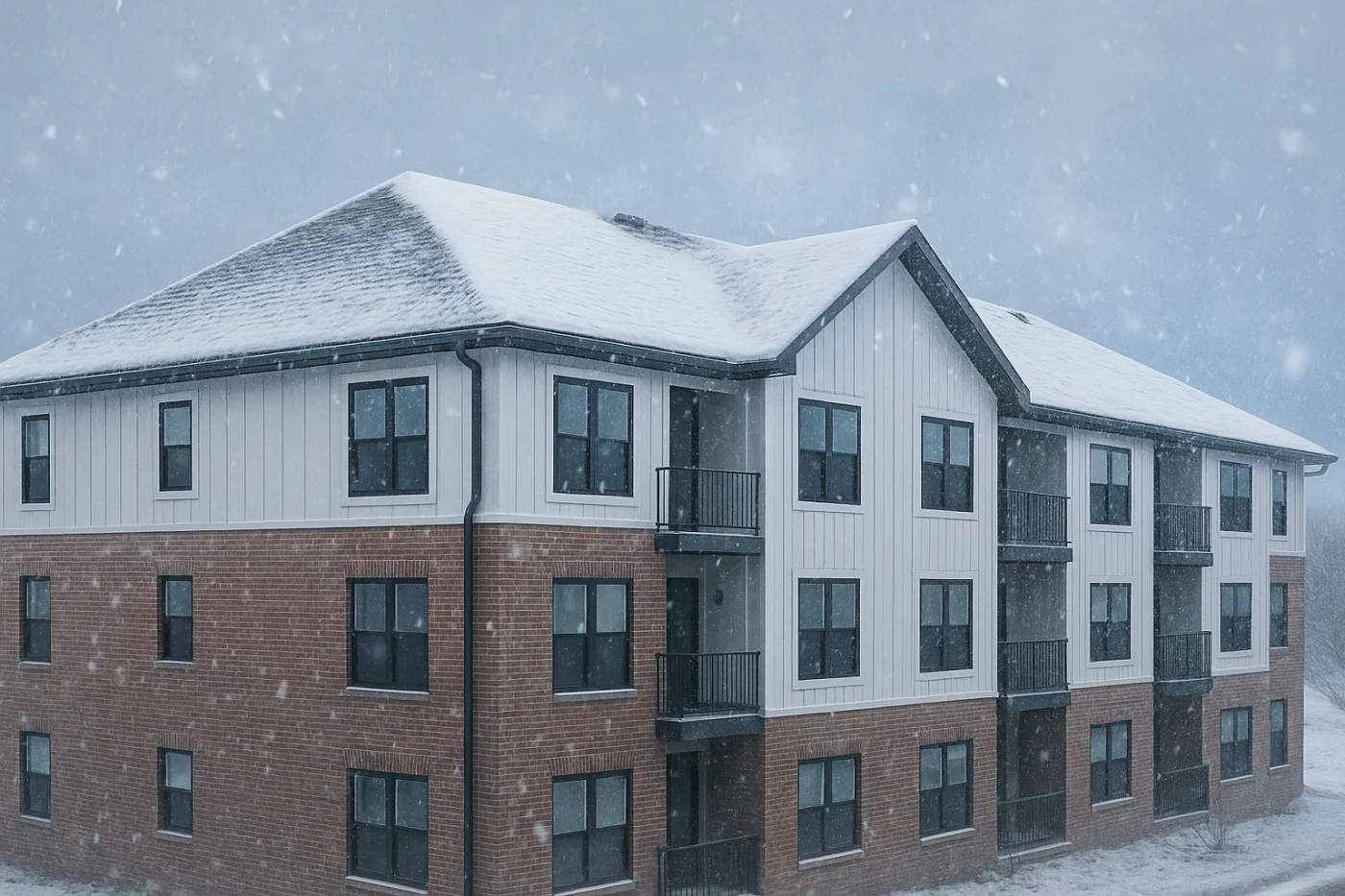 A modern three-story apartment building with brick and white siding, shown during a heavy Chicago-area snowstorm. The pitched roof is partially covered in snow, highlighting the structure’s ability to withstand harsh winter weather. Snowfall and overcast skies emphasize the need for durable roofing in multi-family housing.