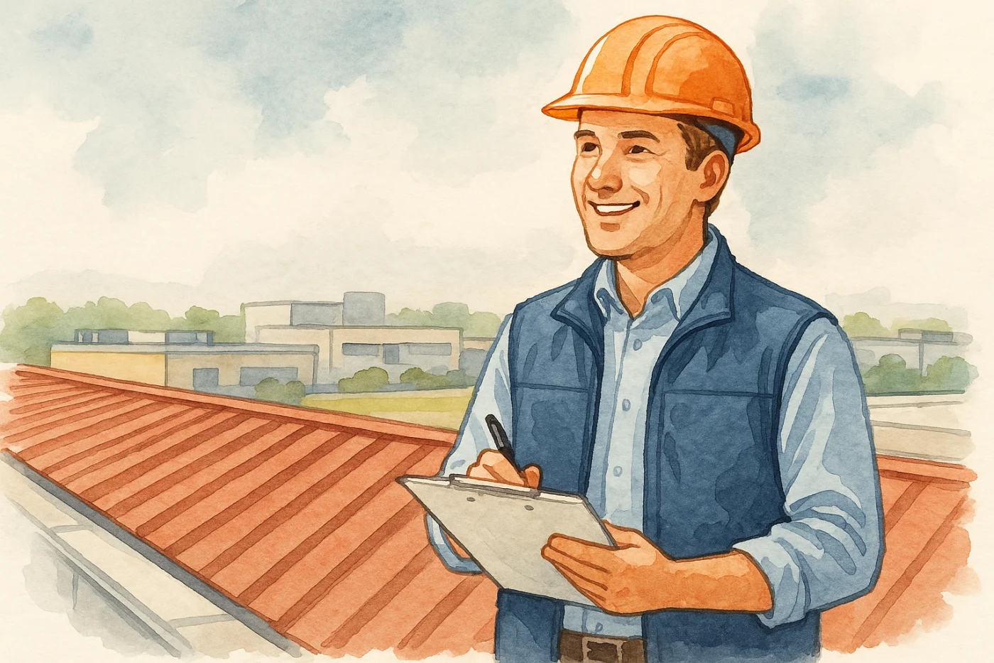 A colorful digital animation of a roofing specialist on top of a commercial roof, smiling, writing on a form on a clipboard he’s holding.