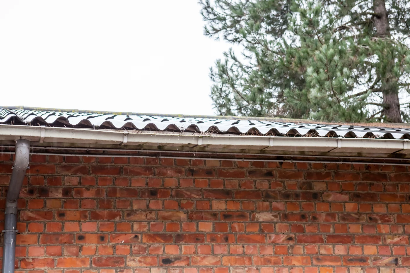 It’s raining, and we see a section of a home showing damaged gutters sagging and leaking over a red brick wall, with a large tree in the background.