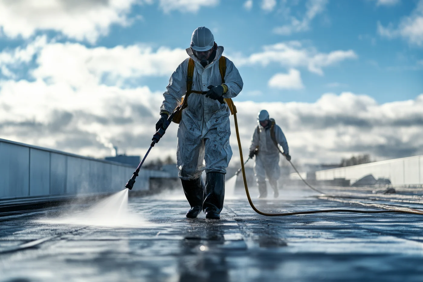 Men in protective wear performing a cleaning service on a rooftop