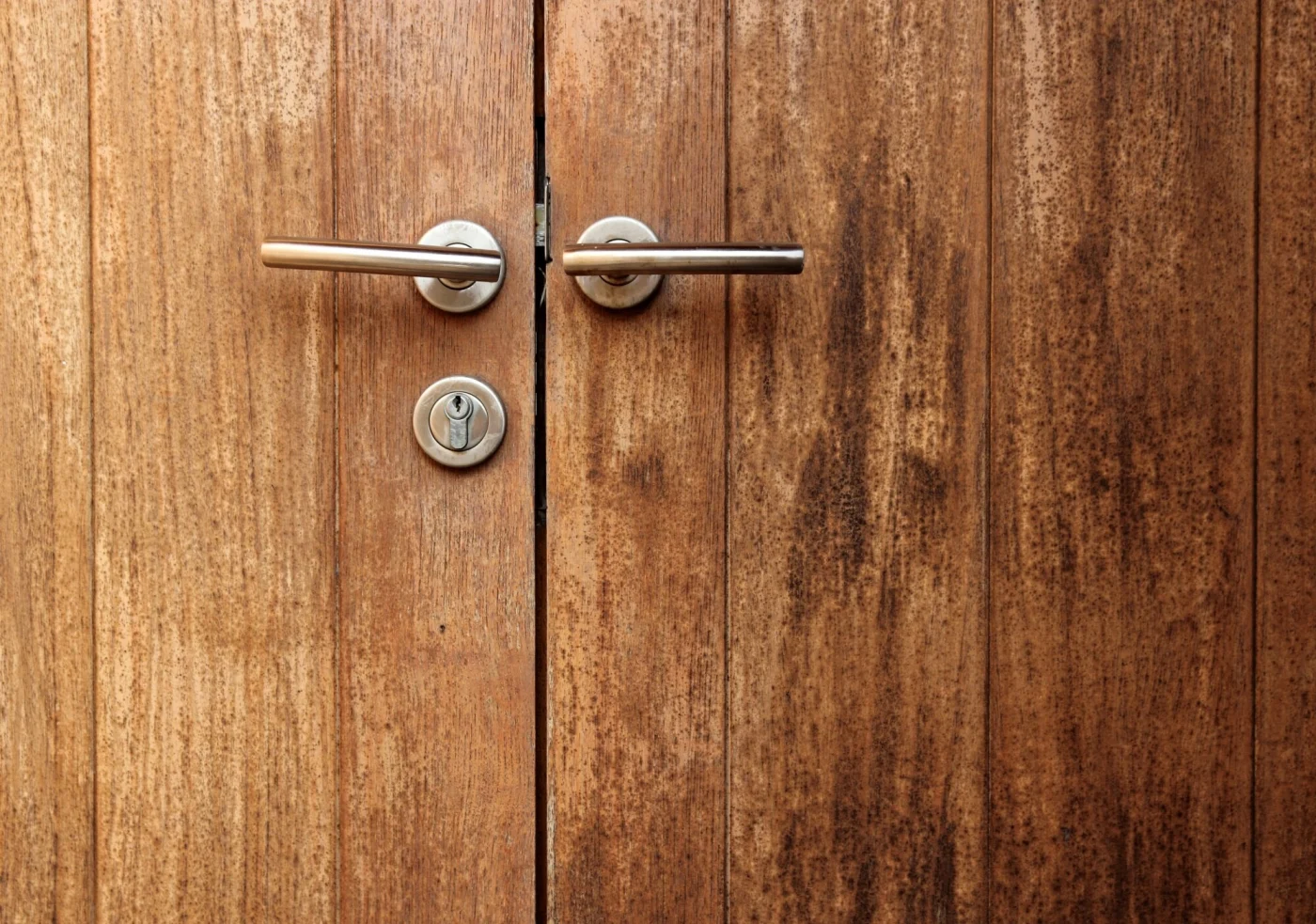 Close-up of a modern wooden residential door with golden door handles.