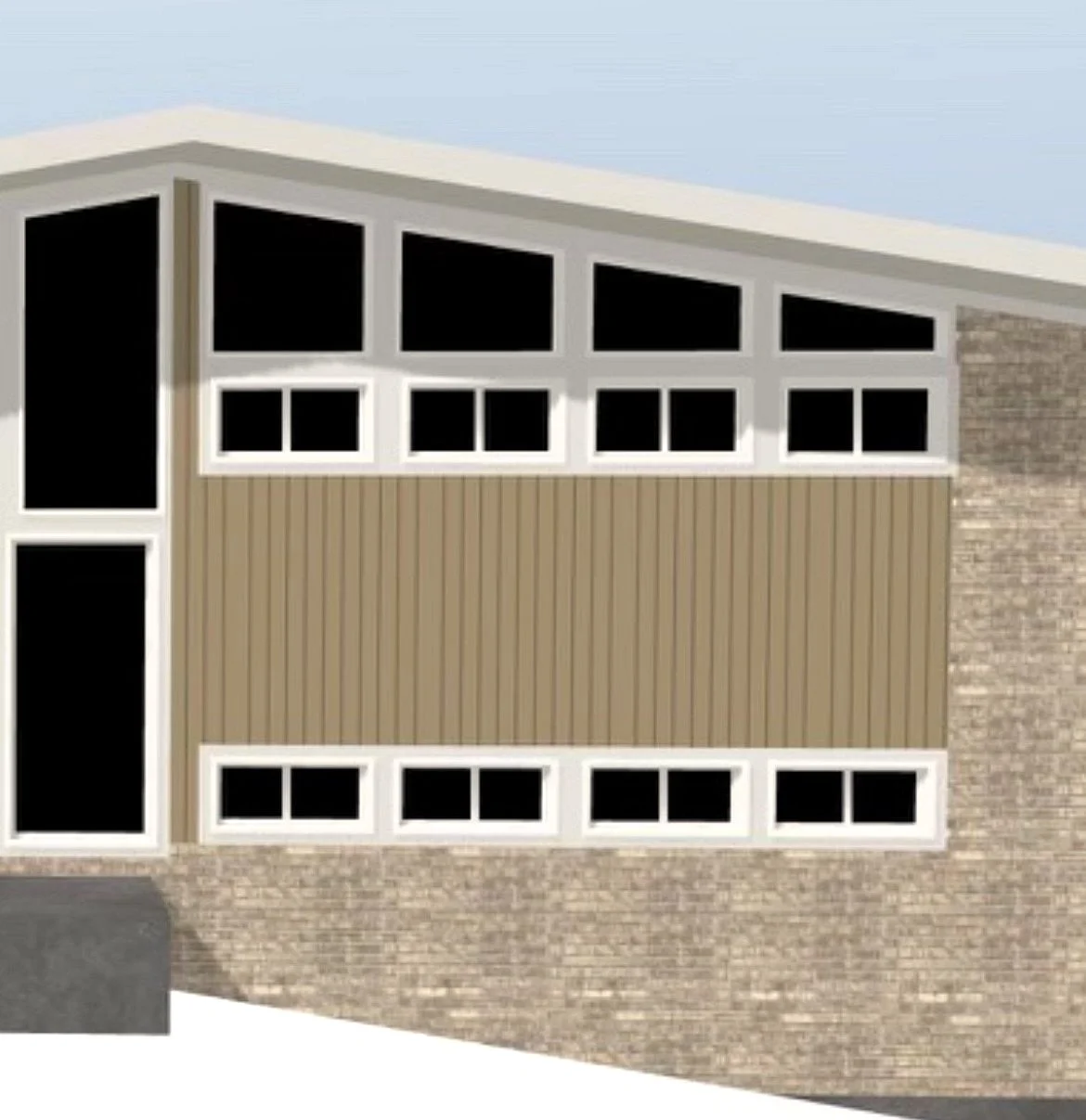 Front of beige home with A-frame style architecture
