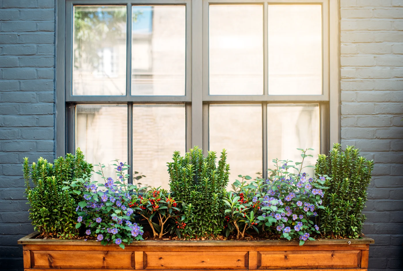 Windows with black trim in blue painted brick house
