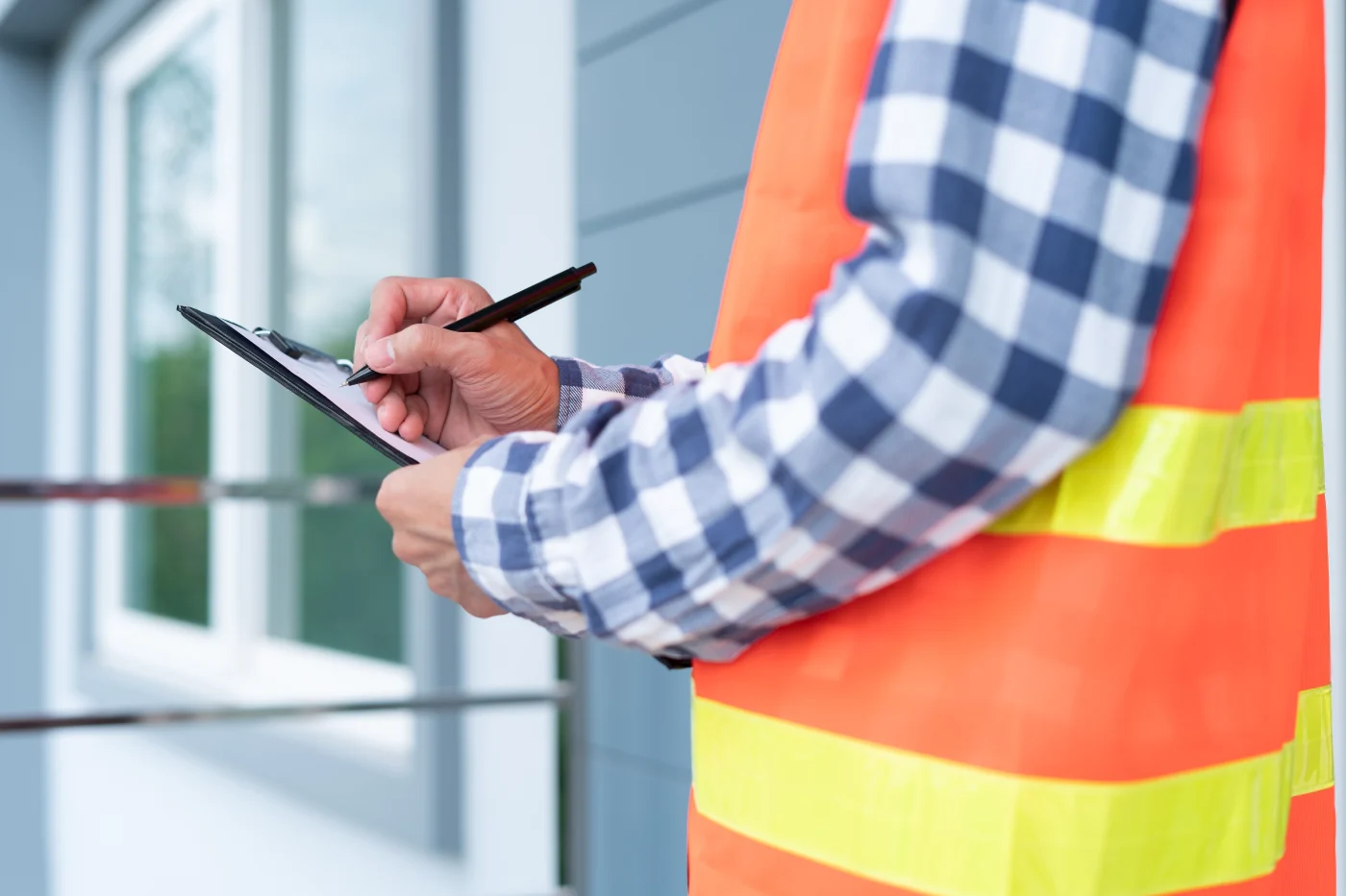 An exterior remodeling professional wearing a checkered white and black long-sleeve shirt and safety vest, writing on paperwork on a clipboard outside a home while conducting an exterior inspection.