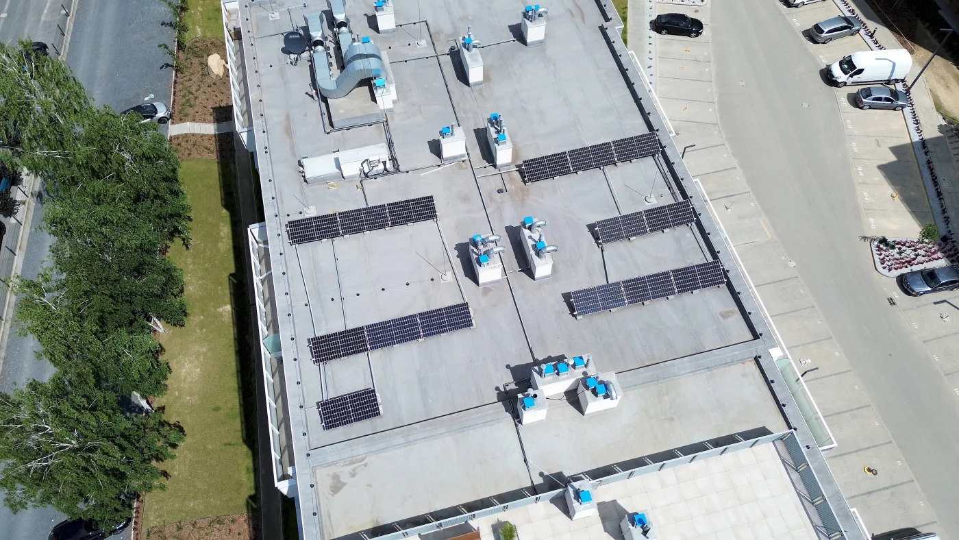 Aerial view of large flat commercial roof