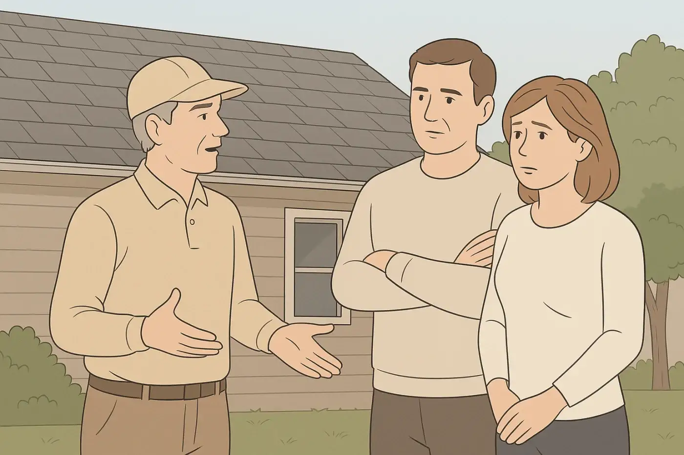 A digital animated illustration showing a roofing contractor speaking with a concerned couple outside a suburban home. The contractor is wearing a beige polo and matching cap, gestures as he explains something calmly. The couple stands together listening attentively, with the woman appearing slightly worried. Behind them is a light-colored home with a shingled roof and trees, suggesting a residential roof consultation scene.