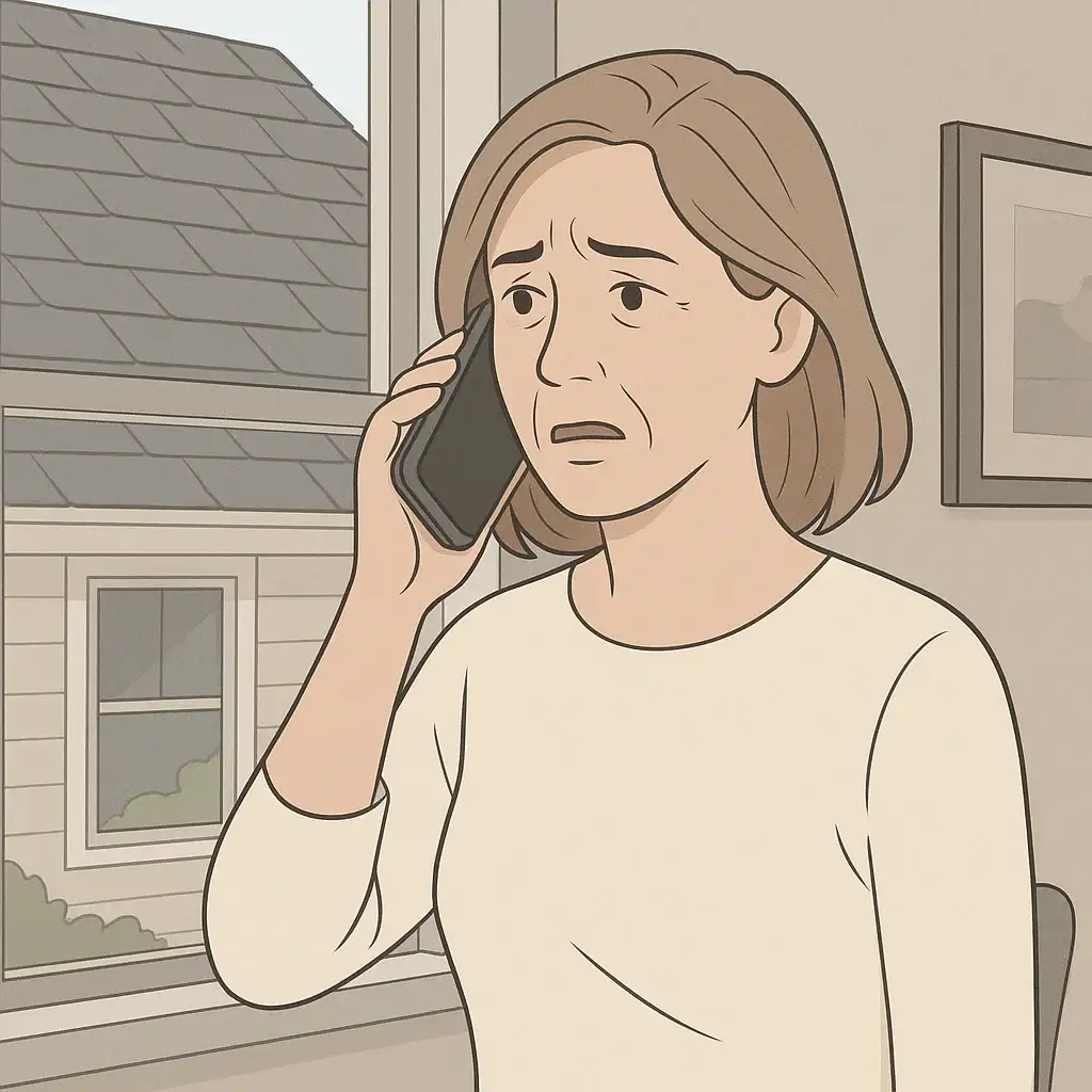 A digital animated illustration of a concerned woman standing indoors by a window, talking on a smartphone. She appears frustrated or worried, with furrowed brows and a tense expression. The scene conveys a moment of urgency or dissatisfaction, likely related to a recent roofing problem.