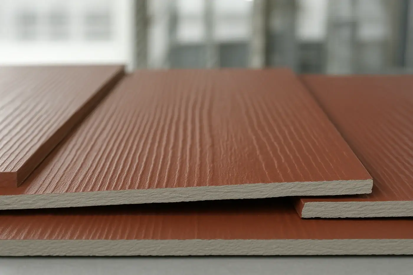 A realistic close-up of red James Hardie fiber cement siding planks, displayed horizontally on a flat surface. Each board features a visible layered wood grain texture and a light gray interior. The background includes an indoor warehouse or showroom setting, slightly blurred.
