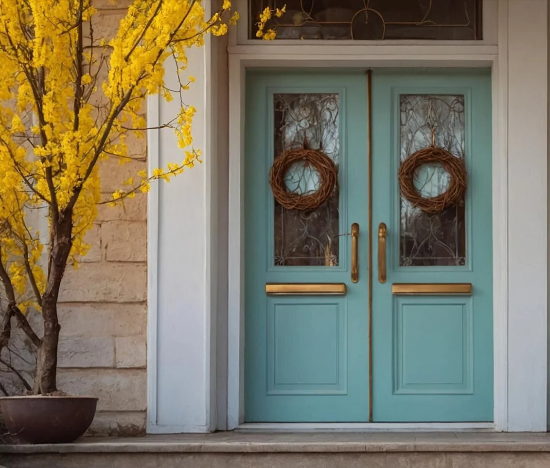 Image of blue double doors with glass inserts and decorative wreaths