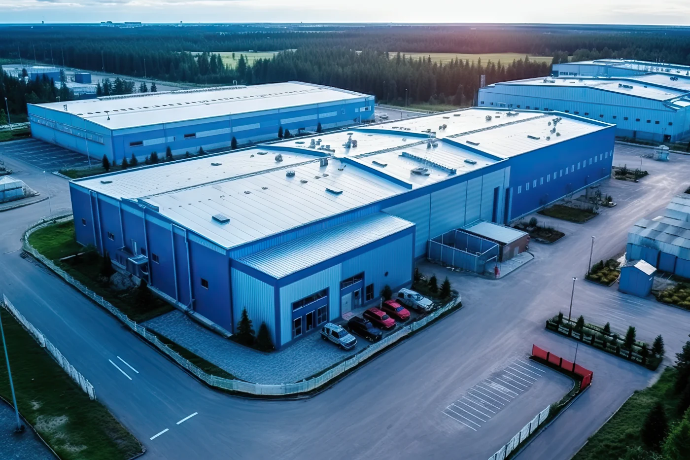Aerial view of several commercial buildings