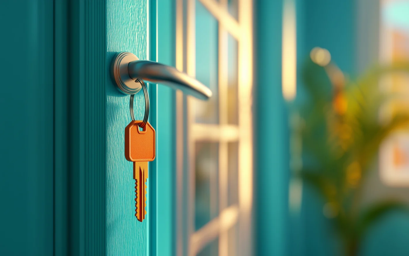 Close-up of a blue door with a key on  the handle
