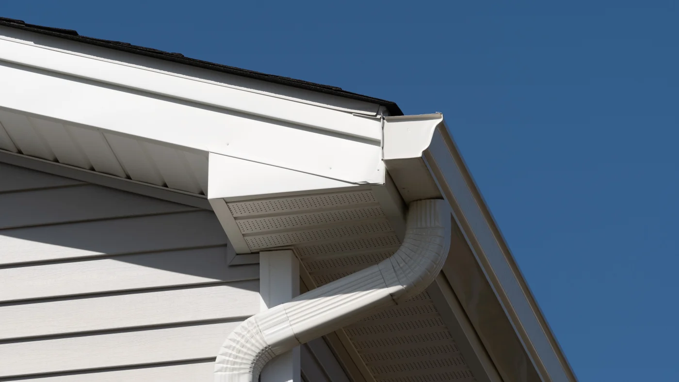 Close-up side view of seamless white gutter system, top of downspout, and white fascia