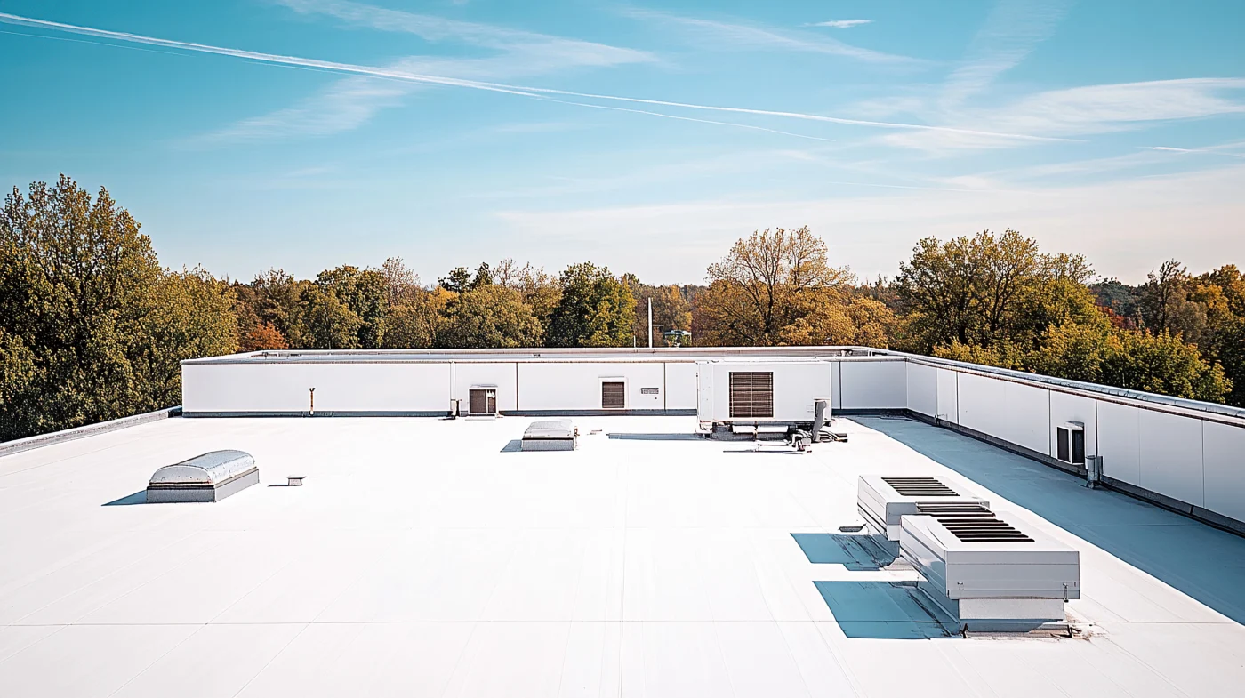 White flat roof with air conditioning unit on a commercial building