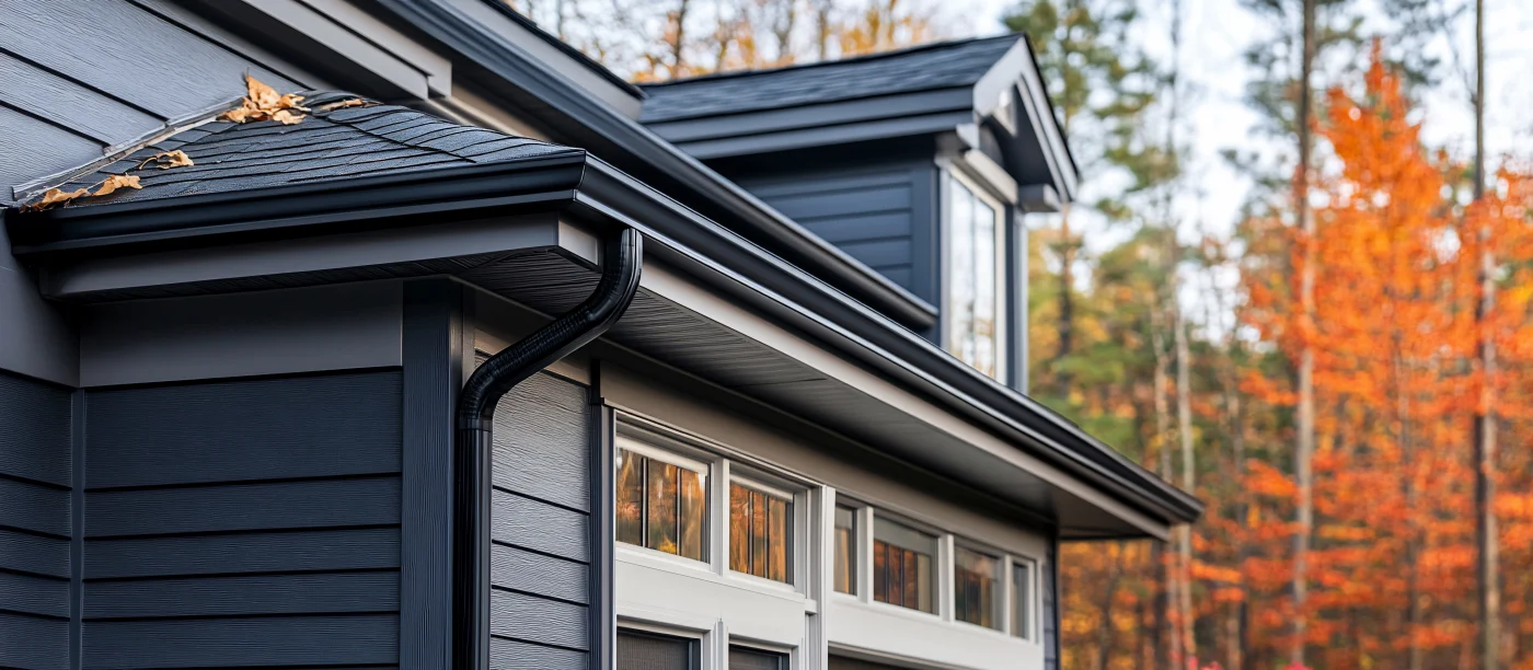 A home with brown siding and new black gutters against an autumnal backdrop.