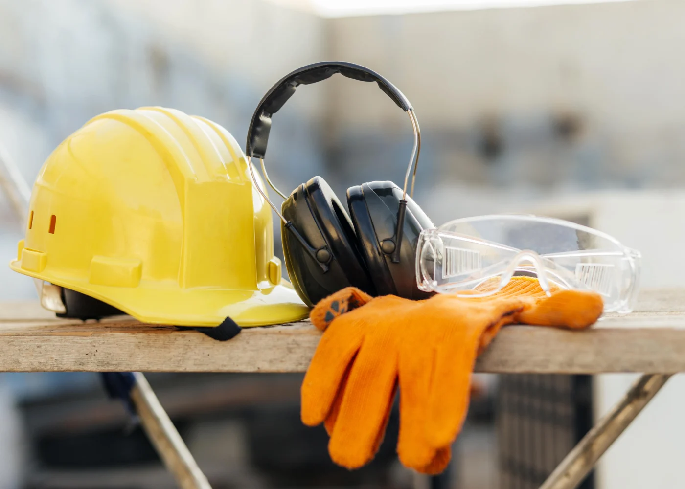 The image features a wooden bench with a yellow hard hat, black headphones, clear eyeglasses, and orange work gloves.