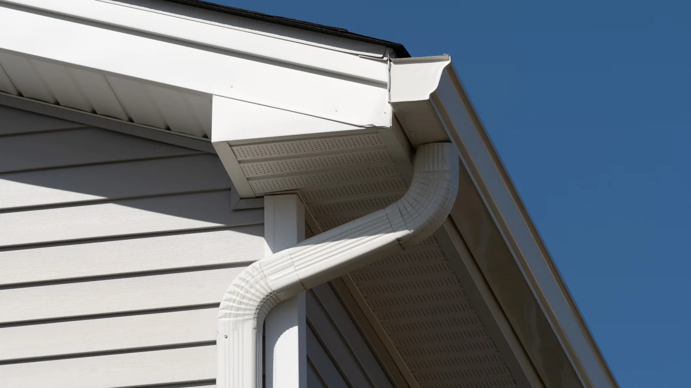 Newly installed white seamless gutters on home with white siding