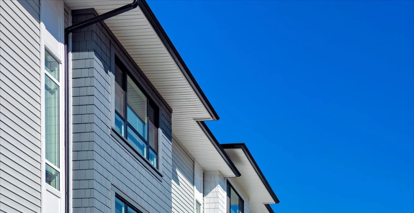 Close-up of townhouse gutters
