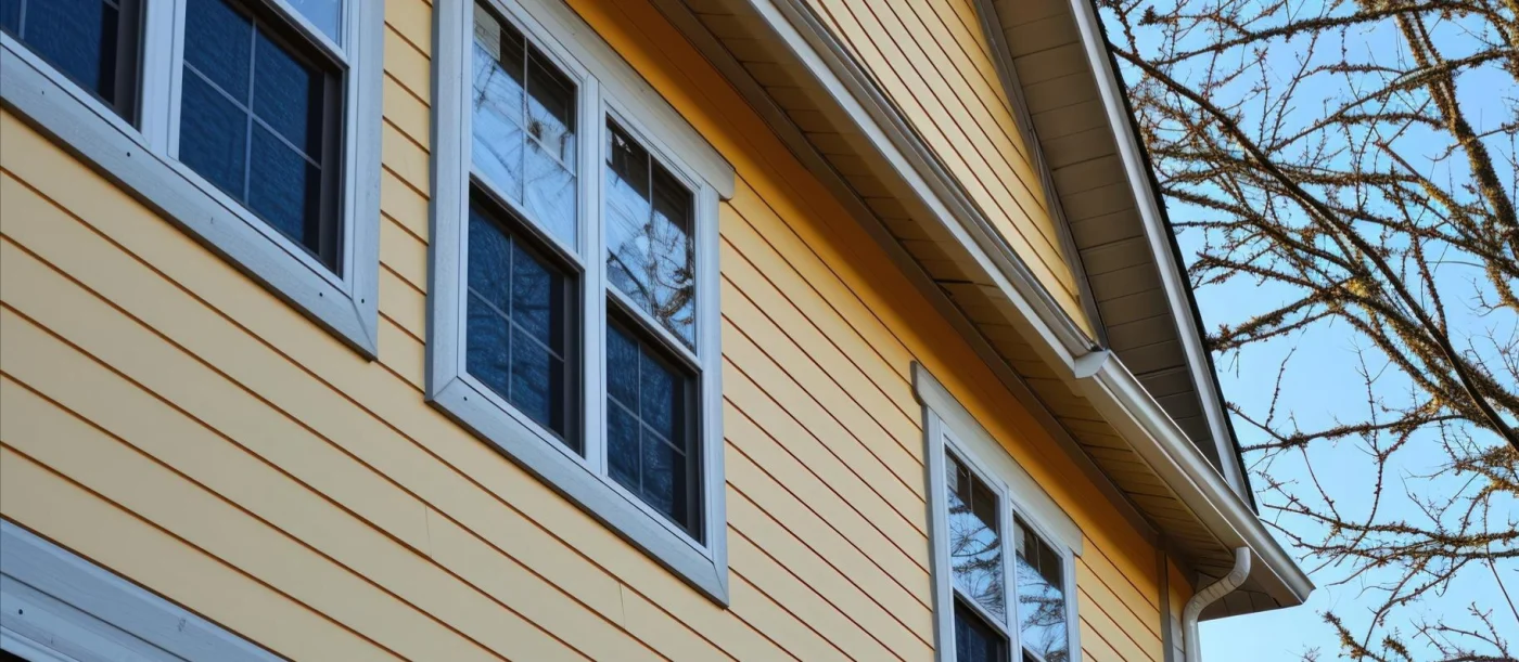 Close-up, low-angle shot of a house with yellow siding