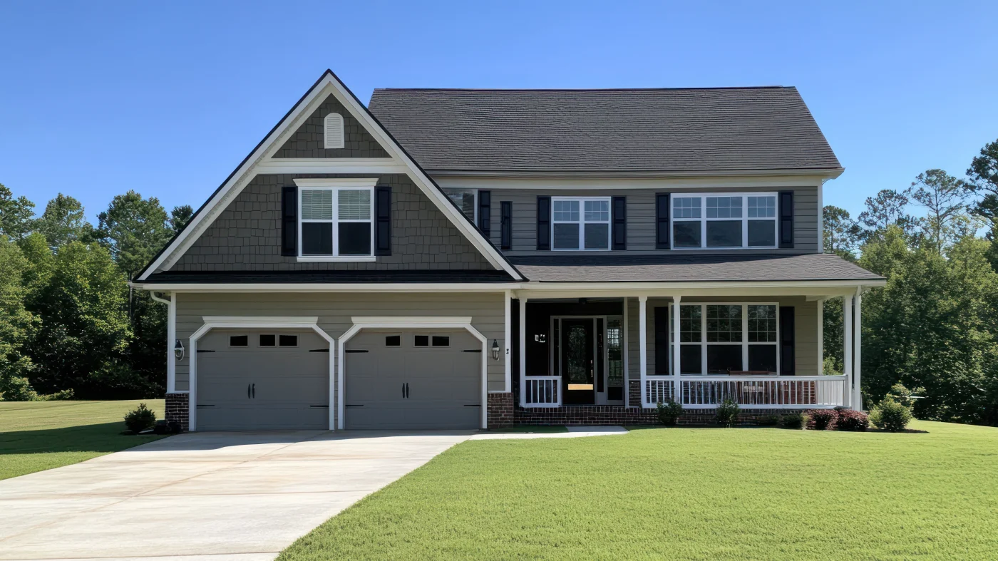 New gray suburban house with white trim
