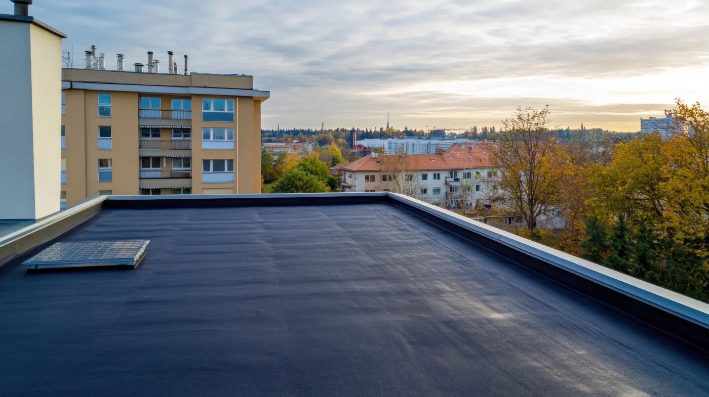 Skyline view of a building's rooftop with a view of a town
