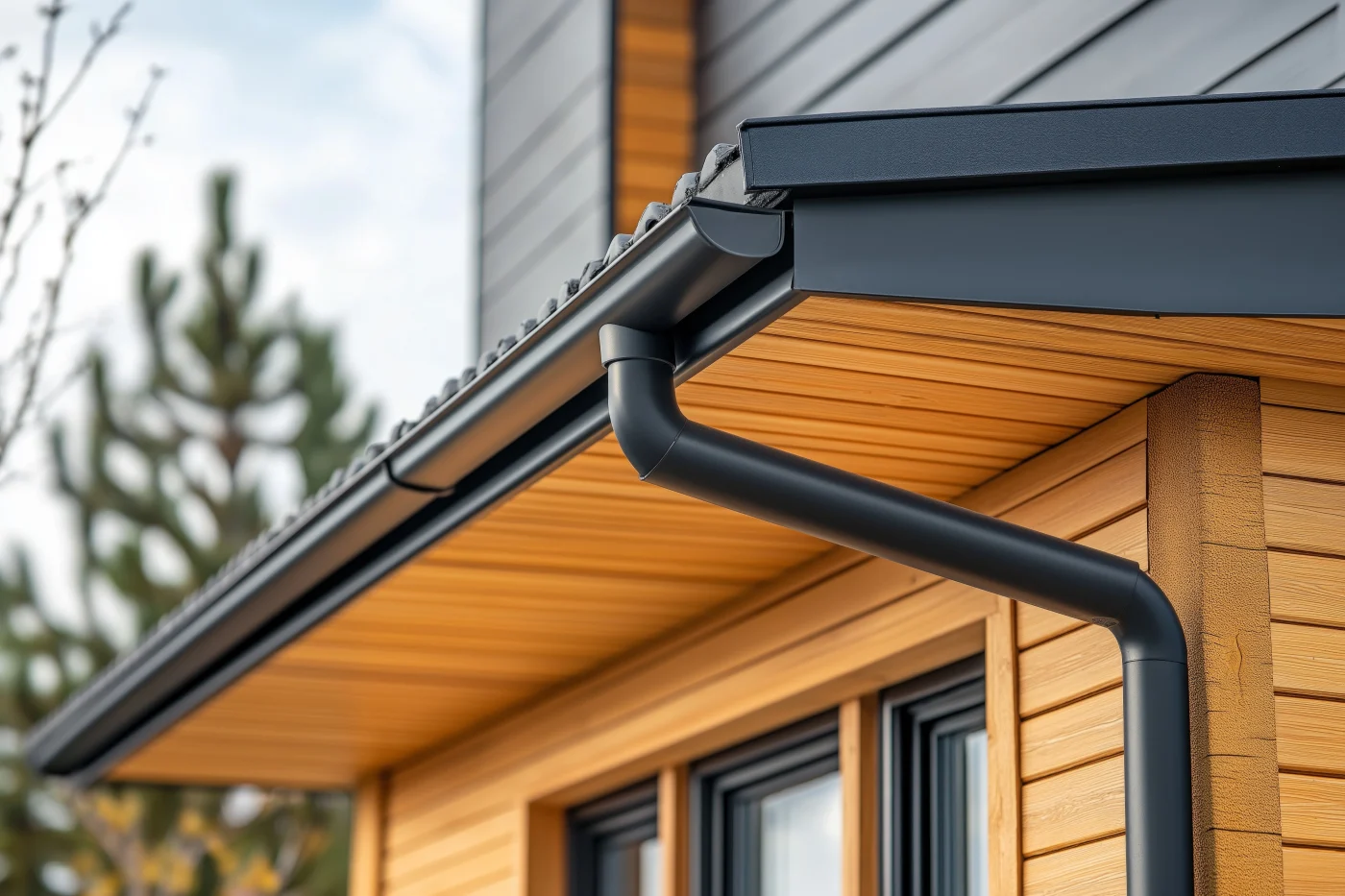 Close Up Of A Gutter System On A Modern Home With A Wooden Facade