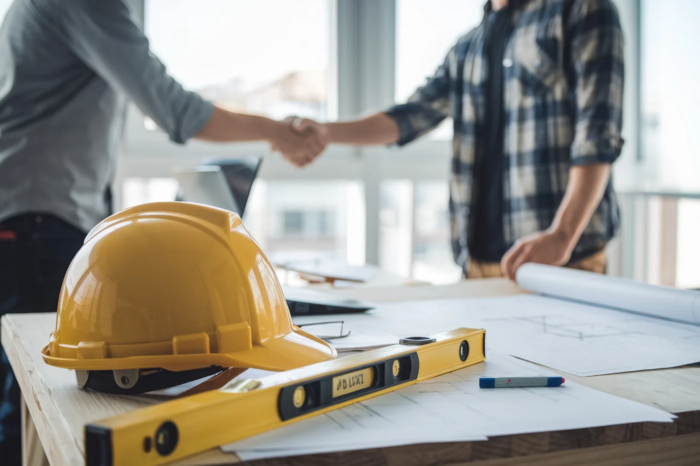A yellow hard hat on a table with two men shaking hands in the background