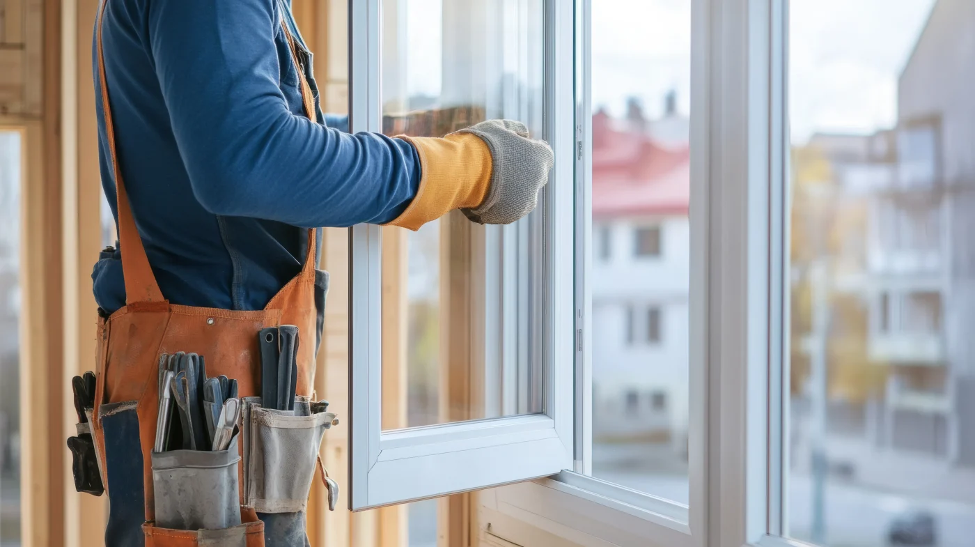 Man wearing a work apron with tools working on a window